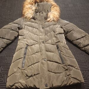 Madden Girl Khaki Puffer Coat with Faux Fur Trim